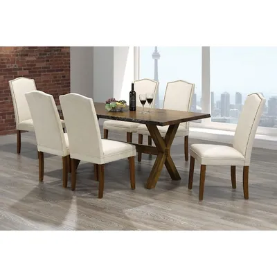 7-Piece Beige Nailhead Linen Fabric Dining Set