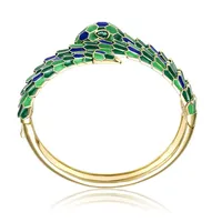 14k Yellow Gold Plated With Emerald Cubic Zirconia Green & Blue Enamel 3d Serpent Coiled Bypass Wrapped Bangle Bracelet