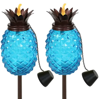 Tropical Pineapple 3-in-1 Glass Outdoor Torches - Set Of 2