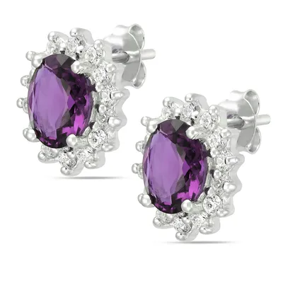 Sterling Silver Oval Purple With Frame Cz Stud Earrings