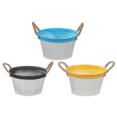 Color Block Metal Round Planter With Rope Handle (asstd) - Set Of 3