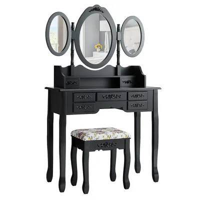 Vanity Makeup Set W/7 Drawer Tri-folding Mirror Dressing Table & Stool Set