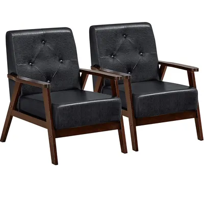 Set Of 2 Accent Chairs Pu Leather Chairs W/rubber Wood Legs & Button Tufted Back
