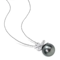 Tahitian Cultured Pearl & Diamond Accent Bow Pendant With Chain In 14k White Gold