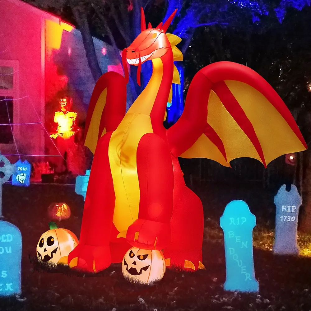 10 Ft Inflatable Giant Animated Fire Dragon Outdoor Halloween Decor W/lights