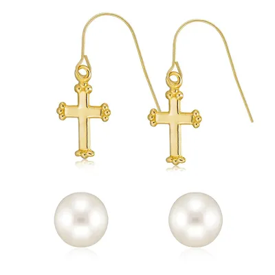 14kt Yellow Gold Cross Drop And Pearl Stud