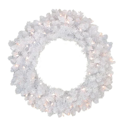 Pre-lit Flocked Snow White Artificial Christmas Wreath - -inch