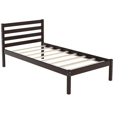 Twin Size Wood Platform Bed Frame With Headboard Slat Support Mattress