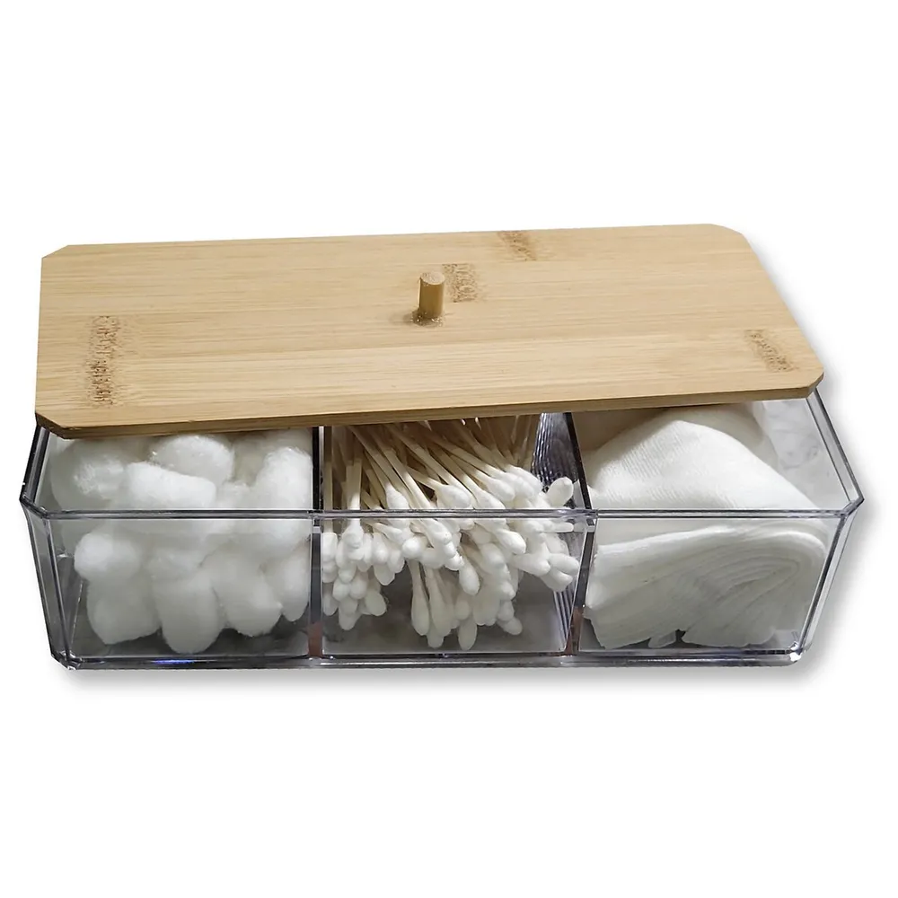 Storage Box With Bambou Lids, 3 Compartments, 9.45" X 3.34" X 2.75"