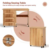Folding Sewing Craft Table Shelf Storage Cabinet Home Furniture W/wheels Natural