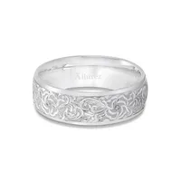 Hand-engraved Flower Wedding Ring Wide Band 14k White Gold (7mm)