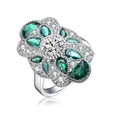 Sterling Silver White Gold Plating With Emerald Green Cubic Zirconia Floral Cocktail Ring