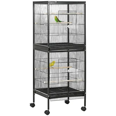 2 In 1 Bird Cage Aviary With Wheels, Wood Perch