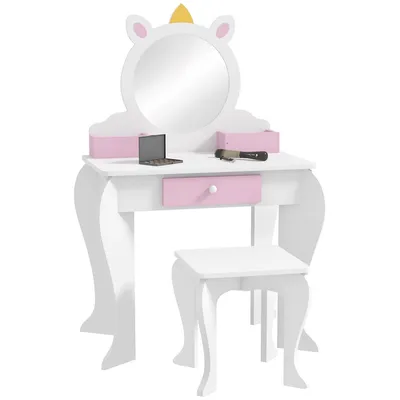 Kids Vanity Table With Mirror And Stool Unicorn Design White