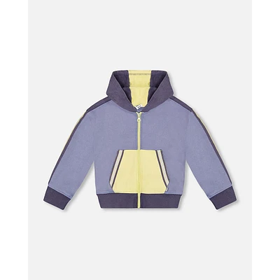 French Terry Hooded Cardigan Blue And Lime