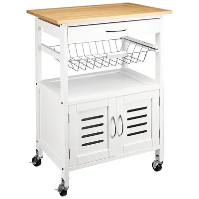 Mobile Kitchen Island Cart Storage Cabinet With A Slide Out Metal Basket Rack