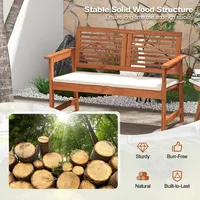 Patio Bench Outdoor Solid Wood Loveseat Chair With Backrest & Cushion Porch Garden