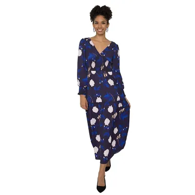 Women's Floral-print Smocked Waist Long Sleeve Maxi Dress