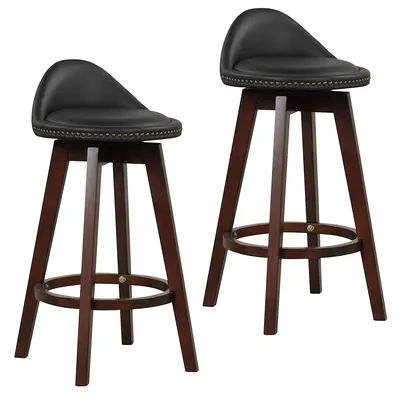 Set Of 2 Upholstered Swivel Barstools 29" Wooden Dining Chairs With Low Back Black