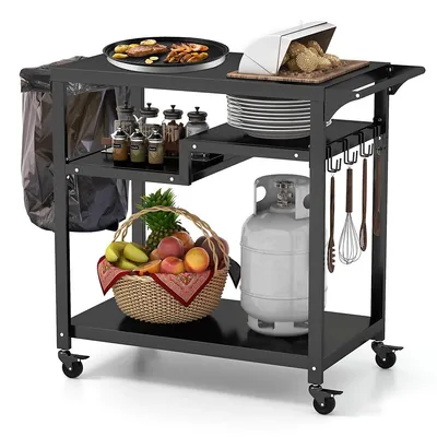 Rolling Grill Cart 3-shelf Bbq Table Pizza Oven Stand With Trash Bag Holder & Hooks