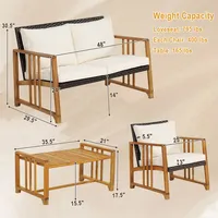 4pcs Patio Mix Brown Wicker Sofa Set Acacia Wood Frame With Seat & Back Cushions