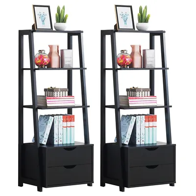 Set Of 2 Ladder Shelf 4-tier Bookshelf Bookcase Storage Leaning With 2 Drawers
