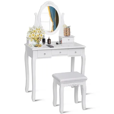 Bathroom Wooden Mirrored Makeup Vanity Set Stool Table Set White 5 Drawers