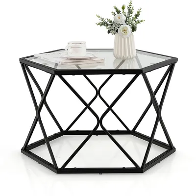 Coffee Table Geometric Glass Modern W/tempered Glass Top & Metal Legs Living Room