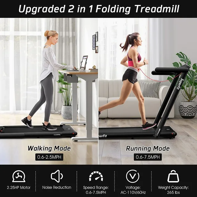 Costway Superfit 2.25hp 2 In 1 Dual Display Folding Treadmill Jogging  Machine W/app Control Black