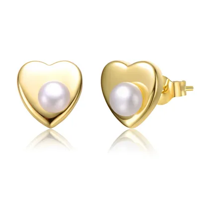 Sterling Silver 14k Yellow Gold Plated With White Freshwater Pearl Heart Stud Earrings