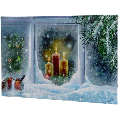 Led Lighted Snowy Window Pane And Candles Christmas Canvas Wall Art 23.5" X 15.5"