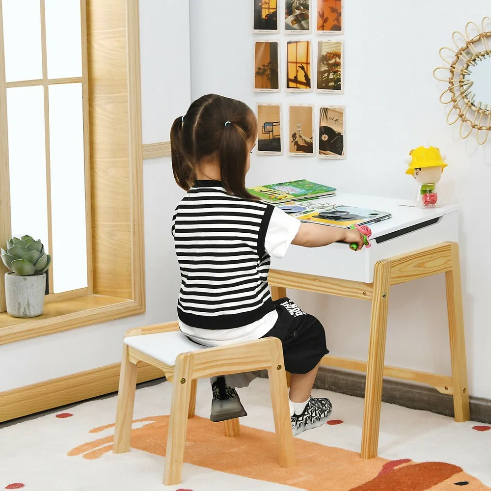 Costway Kids Wooden Study Desk & Chair Writing Table with Drawer Storage  Cabinet