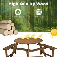 6-person Round Wooden Picnic Table Outdoor Table W/ Umbrella Hole & Benches