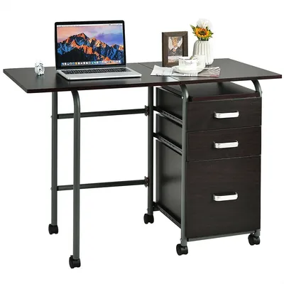 Folding Computer Laptop Desk Wheeled Home Office Furniture W/3 Drawers Brown