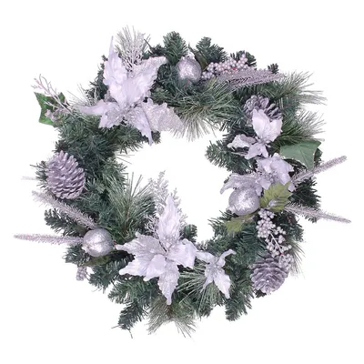 24" Silver Glittered Poinsettia With Pine Cones And Berries Artificial Christmas Wreath - Unlit