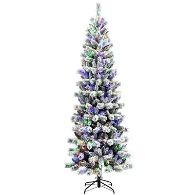 Costway 8ft Pre-lit Hinged Christmas Tree Snow Flocked W/ 9 Modes Remote Control Lights