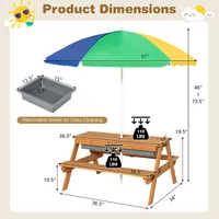 3-in-1 Kids Picnic Table Wooden Outdoor Sand & Water Table W/umbrella Play Boxes