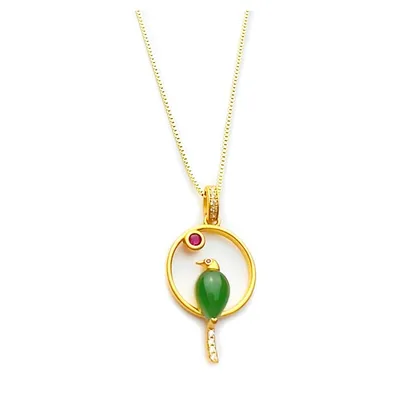 Natural Jade And Crystal Paradise Bird Pendant With 18k Gold Plated Necklace