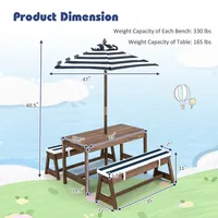 Kids Wood Picnic Table And Bench Set W/ Cushions Umbrella For Indoor Outdoor