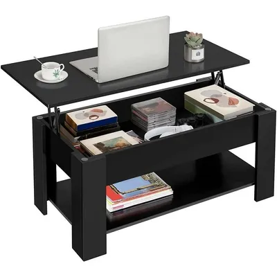 39.4" Lift Top Coffee Table With Hidden Compartment And Storage Shelf, Rising Tabletop Dining Center Table