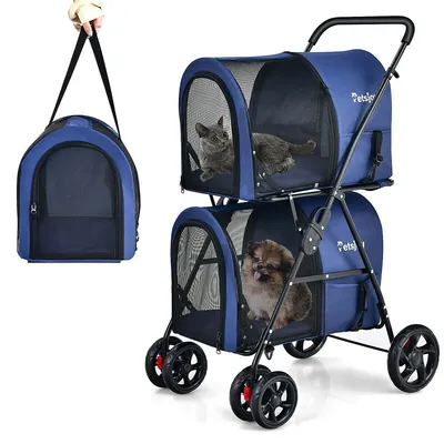 4-in-1 Double Pet Stroller W/ Detachable Carrier Travel Carriage For Cats Blue