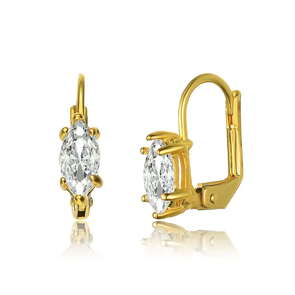 Sterling Silver 14k Yellow Gold Plated With Clear Cubic Zirconia Leverback Drop Earrings