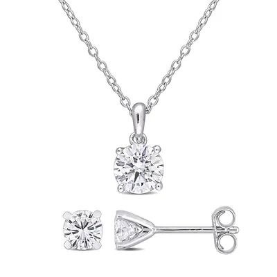 2-piece Set 2 Ct Dew Created Moissanite Solitaire Earrings And Pendant With Chain Set In Sterling Silver