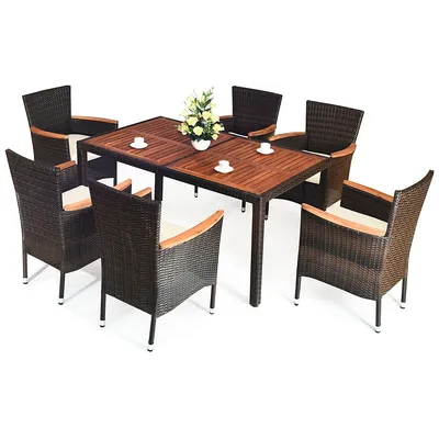 7pcs Patio Rattan Dining Set 6 Stackable Chairs Cushioned
