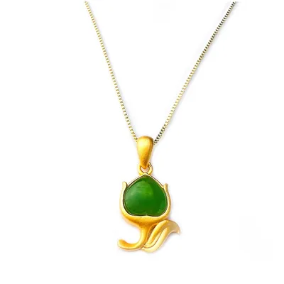 Natural Jade Blossom Heart Pendant And 18k Plated Sterling Silver 925 Necklace