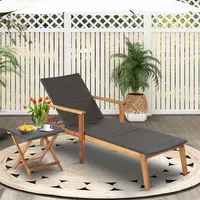 Patio Rattan Chaise Lounge Chair Recliner Back Adjustable Acacia Wood Garden