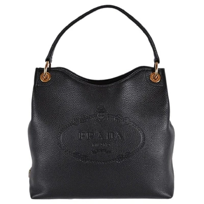 Vitello Phenix Black Leather Embossed Logo Hobo Tote Bag