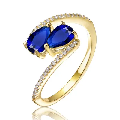 Sterling Silver 14k Yellow Gold Plating With Sapphire Cubic Zirconia Bypass Engagement Ring