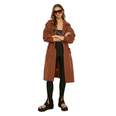Women Oversize Double-breasted Lapel Collar Woven Trench Coat