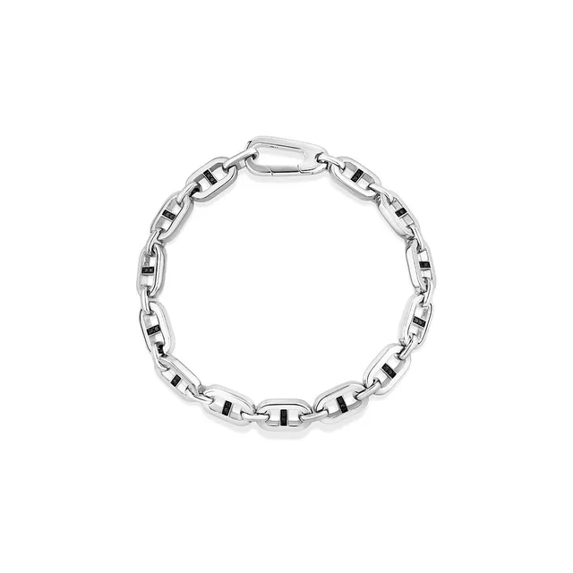 Men's Silver & Leather 21cm Bracelet with 0.40 Carat TW of Black Diamonds